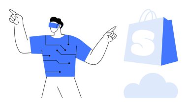 VR kulaklıklı kişi alışveriş torbası ve bulut simgesi ile çevrili dijital elementlerle etkileşimde. Teknoloji yeniliği, sanal gerçeklik, çevrimiçi alışveriş, bulut hesaplama ve fütüristik