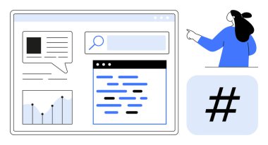 Mavi elbiseli kadın arama çubuğu, metin, grafik ve hashtag gösteren bir web tarayıcısını işaret ediyor. Dijital pazarlama, veri analizi, SEO, web geliştirme ve sosyal medya stratejileri için ideal. Basit temizlik