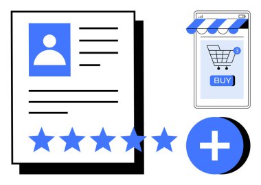 Kullanıcı profili, derecelendirme yıldızları ve online alışveriş elemanları minimalist vektör tarzında. E-ticaret, dijital kimlik, müşteri değerlendirmeleri, çevrimiçi alışveriş, kullanıcı bağlantısı için ideal