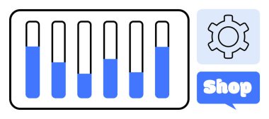 Six test tubes with varying blue liquid levels on left. Gear symbol and a blue Shop text in a speech bubble are on right. Ideal for science, technology, laboratory, online shopping, and ecommerce clipart