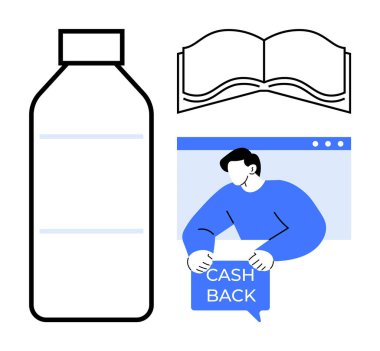 Various elements including a plastic bottle, an open book, and a person holding a cashback sign. Ideal for environmental awareness, recycling education, financial literacy, promotional campaigns clipart