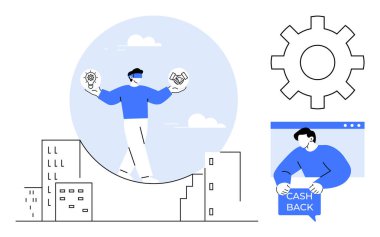 Bir iş adamı şehir manzarası üzerinde bir fikir ampulü ve nakit para sembolünü dengeler. Bir teçhizat ve nakit iade tabelası olan biri yakınlarda. İş, finans, yenilik, teknoloji, kentsel temalar için ideal