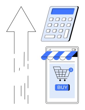 Yukarı doğru bakan ok, hesap makinesi ve alışveriş arabası satın alma düğmesi olan mobil ekranda. Çevrimiçi alışveriş, e-ticaret büyümesi, dijital işlemler, iş analizleri, mobil uygulamalar için ideal. Basit düz