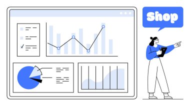 Ekranda grafikleri, grafikleri ve pasta grafiği olan bir kadın var. İş analitiği, veri görselleştirme, e-ticaret, finansal planlama, dijital pazarlama için idealdir. Modern düz tasarım