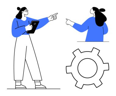 Kadın elinde tablet tutarken işaret ediyor, başka biriyle meşgul oluyor ve vites sembolü takıyor. İş, takım çalışması, teknoloji, iletişim ve liderlik için ideal. Basit minimalist stil