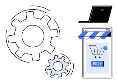 Laptop, vites ve alışveriş arabası online alışveriş ve otomasyonu sembolize ediyor. E-ticaret, teknoloji, otomasyon, online alışveriş, iş süreci optimizasyonu için ideal. Düz vektör biçimi