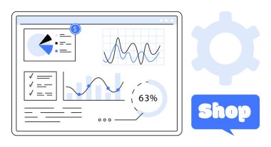 Turta grafikleri, çizgi grafikleri ve yüzde göstergesi olan e-ticaret paneli. Çevrimiçi iş, veri analizi, satış performansı, pazarlama stratejisi ve teknoloji için ideal. Minimalist