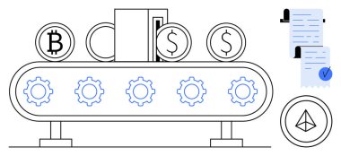 Fabrika montaj tarzında bir taşıma bandındaki kripto para. Finans teknolojisi için ideal bir engelleme zinciri kripto para merkezi olmayan defter fintech. Teknoloji Minimalist tarzı