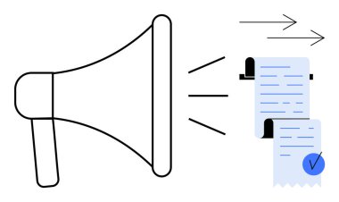 Hoparlör simgesi uçan kağıt okları ve mavi işaretli belgelere ses dalgaları gönderiyor, iletişim duyuruları için ideal işaret uyarıları belge doğrulama onay süreçlerini uyarıyor