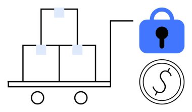 Kutulu araba, kilit simgesi ve dolar sembolü güvenli nakliye, lojistik yönetimi, maliyet verimliliği ve finansal tasarrufu öneriyor. E-ticaret, depolama, ulaşım ve finans için ideal