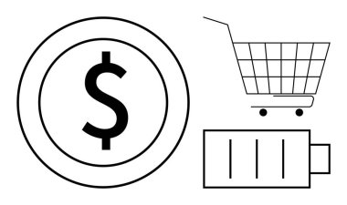Üç basit simge arasında bir daire içinde bir dolar sembolü, bir alışveriş arabası ve düşük şarjlı bir pil ikonu yer alıyor. E-ticaret, çevrimiçi alışveriş, finans, enerji seviyeleri ve tüketici davranışı için ideal
