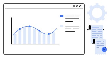 Belgeler ve vites simgesinin yanındaki ekranda veri noktaları olan grafikler. İş, veri analizi, finans, proje yönetimi ve istatistik için ideal. Mavi tonlu basit vektör biçimi