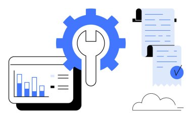 Veri analizini ve beyaz arkaplandaki mali raporları bulutla temsil eden vites sembolü ve bar şeması raporu. İş, finans, analitik, teknoloji ve optimizasyon temaları için ideal