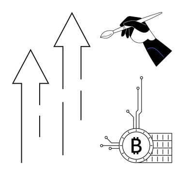 Büyümeyi veya ilerlemeyi gösteren üç yukarı doğru ok, yaratıcılığı vurgulayan bir fırçayı tutan bir el ve dijital para ve teknolojiyi temsil eden bir devre kartında Bitcoin sembolü. İdeal