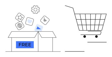 İçinde bedava ikonlar ve alışveriş arabası olan bir kutu aç. Çevrimiçi alışveriş, e-ticaret, bedava ürünler, dağıtım ve pazarlama temaları için ideal. Basit ve temiz satır sanatı tarzı