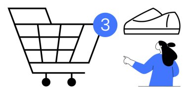 Alışveriş arabası, üzerinde mavi noktalı üç gösterge olan mavi daire kadın, e-ticaret için ideal ayakkabı mağaza perakendecisi müşteri ilişkileri pazarlaması.