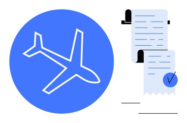 Üzerinde uçak sembolü olan mavi daire ve işaretli iki makbuz. Seyahat, finans, iş, gider yönetimi, kayıt tutmak için ideal. Açıklığı vurgulayan basit ve modern stil