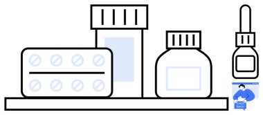 Bir rafa yerleştirilmiş tıbbi malzemeler içinde su toplayan tabletler, ilaç şişeleri ve küçük karton kutular var. Eczane, sağlık, tıbbi, ilaç ve klinik ayarları için ideal. Temiz, minimalist