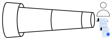 İzleme teleskopu, teleskop sembollü belge, bir kişinin profil simgesi. Gelecek planlama, stratejik vizyon, proje planlaması, iş öngörüsü, hedef belirleme için idealdir. Basit tasarım biçimi