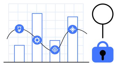 Çubuk grafik, bahar, yaz, kış ve sonbahar mevsimlerini sembolize eden simgelerle süslenmiş mevsimsel verileri gösterir. Yakınlarda, bir büyüteç simgesi ve güvenlik kilidi simgesi analitik ve verileri simgeler