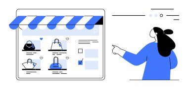 Bir kadın, birkaç el çantası seçeneği olan bir perdeyi tentenin altında gösterir. E-ticaret, online alışveriş, dijital pazarlama, ürün listeleme, kullanıcı arayüzü tasarımı için ideal. Modern temizlik biçimi