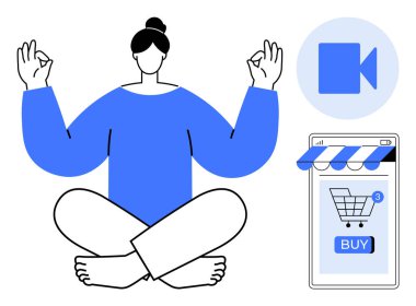 Person meditating in a calm position, a video symbol beside them, and a smart device displaying shopping cart with notifications. Ideal for mindful shopping, online relaxation, digital balance clipart