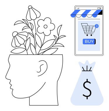 Kafasından büyüyen çiçekli yan profil yaratıcılığı simgeliyor. Alış veriş uygulaması ve para çantası olan akıllı bir telefon. Yaratıcılık, e-ticaret, çevrimiçi alışveriş, finansal büyüme, zihinsel
