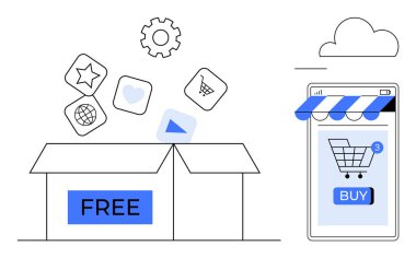 Bir yıldız, kalp ve alışveriş arabası gibi simgelerle etiketlenmiş bir paket, yanında da bir akıllı telefon ekranı, bir satın alma tuşu ve vitrin güneşliği. E-ticaret için ideal, çevrimiçi alışveriş, dijital