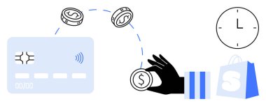 Kredi kartına bozuk para koyan bir elin vektörü ödeme sürecini gösteriyor. Bir saat ve alışveriş çantası da dahil. Çevrimiçi alışveriş, e-ticaret, ödeme sistemleri, mali yönetim için ideal