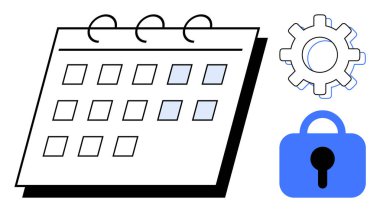 Takvim bir dişli sembolü ve asma kilit ile eşleştirildi. Zaman yönetimi, programlar, planlama, güvenlik ve ayarlar için ideal. Mavi ve beyaz renkli basit, modern vektör biçimi