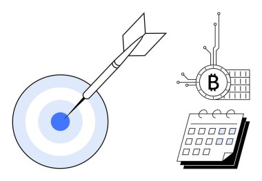 Hedefte ok ve bitcoin sembolü var. Takvimin yanında da günler var. Yatırım planlaması için ideal finansal hedefler kripto para birimi teknolojisi zaman yönetimi hedefi