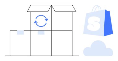 Yuvarlak oklarla dolu bir kutu, solda istiflenmiş kutular, sağda S harfi olan alışveriş torbası ve aşağıda küçük bir bulut. Çevrimiçi alışveriş, e-ticaret, nakliyat, teslimat, bulut depolama için ideal