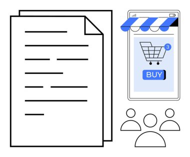 Bir yığın belgenin yanında bir akıllı telefon ekranı ve insan simgeleri tasvir ediliyor. Çevrimiçi alışveriş, e-ticaret, mobil ticaret, dijital pazarlama ve iş için ideal