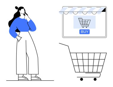 Kadın bir alışveriş arabasının ve mağaza vitrininin yanında durup satın alma düğmesi gösteriyor. Çevrimiçi alışveriş, ecommerce, perakende satış, tüketici davranışı, dijital pazarlama için ideal. Basit temizlik