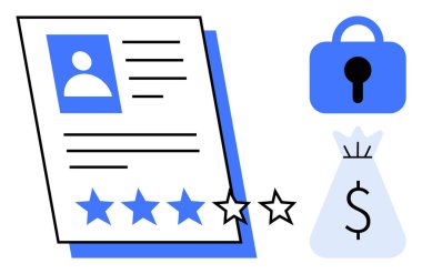 Profil tablosunda yıldız derecelendirme sistemi var. Belgenin yanında güvenli bir asma kilit ve para çantası ikonu var. İş, finans, güvenlik, personel değerlendirmesi ve veri koruma temaları için ideal. Basit.