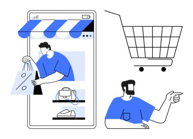 Akıllı telefon kullanan, elinde indirimli alışveriş çantası ve bir alışveriş arabası ikonu tutan bir adam. E-ticaret, online alışveriş, perakende satış, dijital pazarlama, satış promosyonları için ideal. Basit vektör