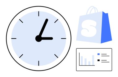 Üzerinde S ve veri tablosu olan mavi bir alışveriş çantasının yanında büyük bir saat. Zaman yönetimi, iş verimliliği, alışveriş, veri analizi ve verimlilik gibi konular için idealdir. Basit modern biçim