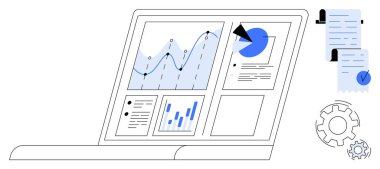 Bir dizüstü bilgisayar ekranında grafikler, pasta grafikleri ve bar grafikleri gibi çeşitli veri görselleri gösterilir. Belgeler ve vitesler yakında. Veri analizi, iş raporlama, teknoloji, dijital pazarlama için ideal