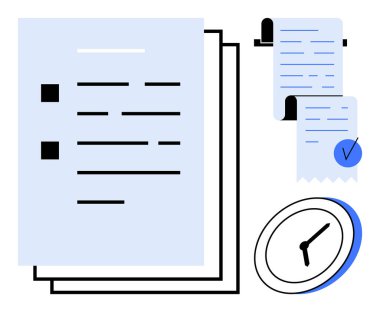 Madde noktaları, bir saat ve mavi işaretli bir kaç belge organizasyon temaları, verimlilik ve zaman yönetimi temalarını temsil ediyor. Üretkenlik, iş planlaması, programlama için ideal