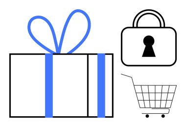 Gift box with blue ribbon on left side. Lock symbol and shopping cart icon on right side. Ideal for ecommerce, online shopping security, holiday promotions, gift services, and digital marketing clipart