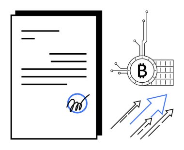 Dijital çizgilere ve yukarı doğru oklara bağlı Bitcoin sembolünün yanında imzası olan belge. Engelleme zinciri, kripto para birimi, akıllı sözleşmeler, dijital finans ve fintech için ideal. Minimalist