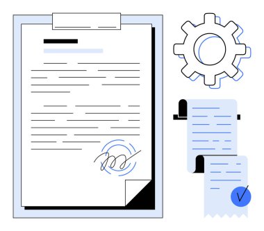 A signed document, receipt with checkmark, and gear icon representing settings. Ideal for business, contracts, administrative tasks, legal agreements, and documentation processes. Outline drawing clipart