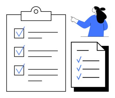 Kontrol listeli büyük bir pano, daha küçük bir kontrol listesi ve işaret eden biri. Görev organizasyonu, proje yönetimi, hedef belirleme, üretkenlik ve planlama için ideal. Minimalist tasarım biçimi