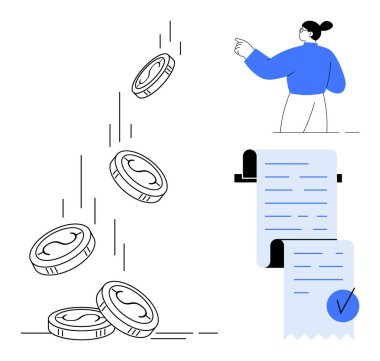Mavi noktalı biri, beş bozuk para ve mavi işaretli bir yığın makbuz. Finans, muhasebe, gider takibi, bütçe ve finansal planlama için ideal. Basit vektör biçimi