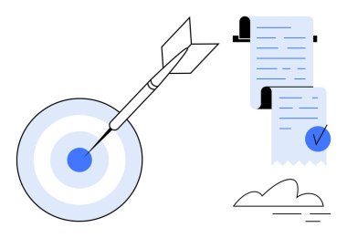 Göze çarpan bir dart diyagramı, bulutlu kağıt üzerinde kontrol listesi. Hırs, hedef belirleme, üretkenlik, planlama ve başarı için idealdir. Temiz ve modern stil