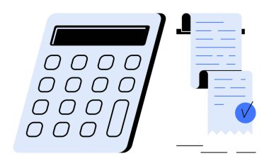 Üzerinde kontrol işareti olan uzun bir kağıt makbuzunun yanında ekran ve tuş takımı olan büyük bir hesap makinesi. Muhasebe, muhasebe, finans, bütçe ve vergi hesapları için ideal. Basit, modern, temiz bir tarz.