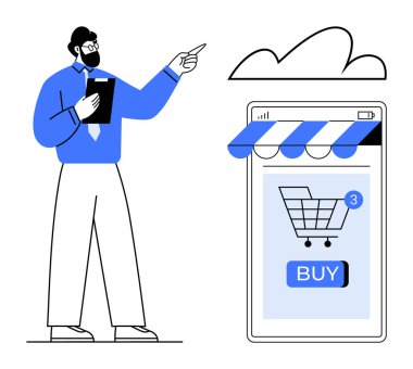 Elinde bir pano olan bir işadamı akıllı telefon ekranına doğru el kol hareketi yaparak alışveriş arabasının düğmesini gösteriyor. E-ticaret, çevrimiçi perakende, dijital pazarlama, alışveriş uygulamaları ve kullanıcı için ideal