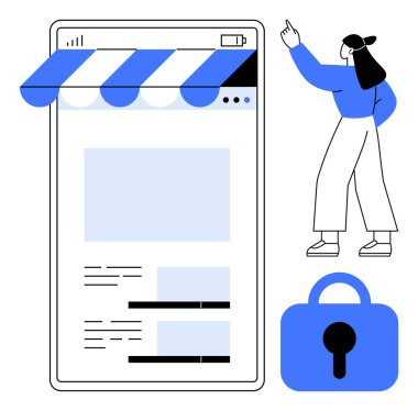 Mağaza güneşliği ve güvenlik kilidi simgesi olan akıllı telefon ekranı. Kadın figürü ekranı işaret ediyor. E-ticaret, mobil alışveriş, çevrimiçi güvenlik, kullanıcı arayüzü tasarımı ve dijital güvenlik için ideal