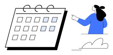 İşaretli tarihli bir takvim ve onu işaret eden biri. Program, planlama, zaman yönetimi, organizasyon ve verimlilik için ideal. Minimalist renklere sahip çizgi film biçimi