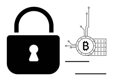 Tek renkli devre benzeri uzantıları olan stilize edilmiş Bitcoin sembolünün yanında siyah kilit simgesi. Kripto para birimi, güvenlik, blok zinciri, teknoloji, çevrimiçi işlemler için ideal temalar. Basit modern.